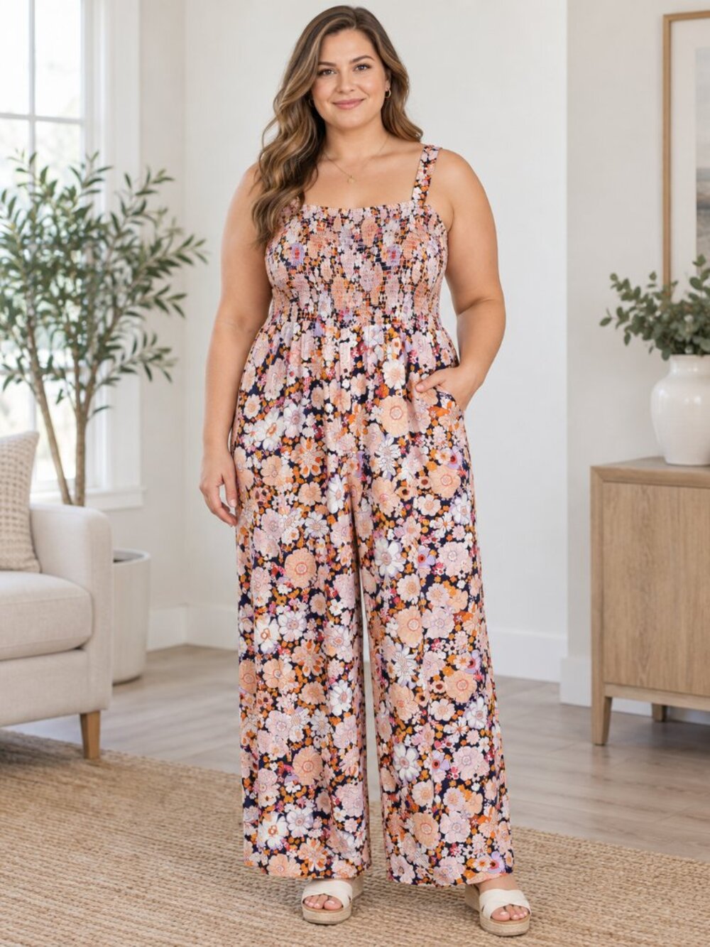 Floral Jumpsuit 2XL Retro Smocked Wide Leg Pockets Viscose
